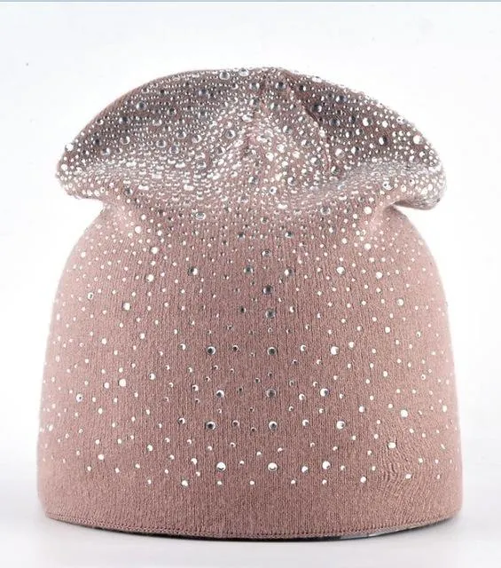 Rabbit Wool Knitted Winter Rhinestone Bonnet Skullies for Women