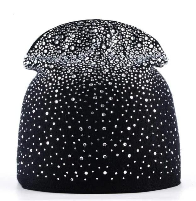 Rabbit Wool Knitted Winter Rhinestone Bonnet Skullies for Women