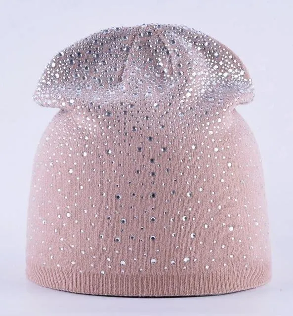 Rabbit Wool Knitted Winter Rhinestone Bonnet Skullies for Women