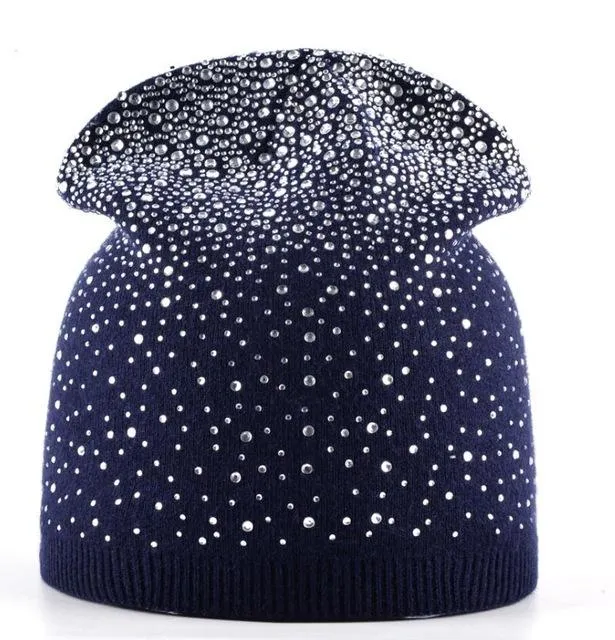 Rabbit Wool Knitted Winter Rhinestone Bonnet Skullies for Women