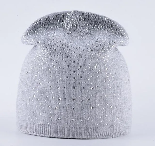 Rabbit Wool Knitted Winter Rhinestone Bonnet Skullies for Women