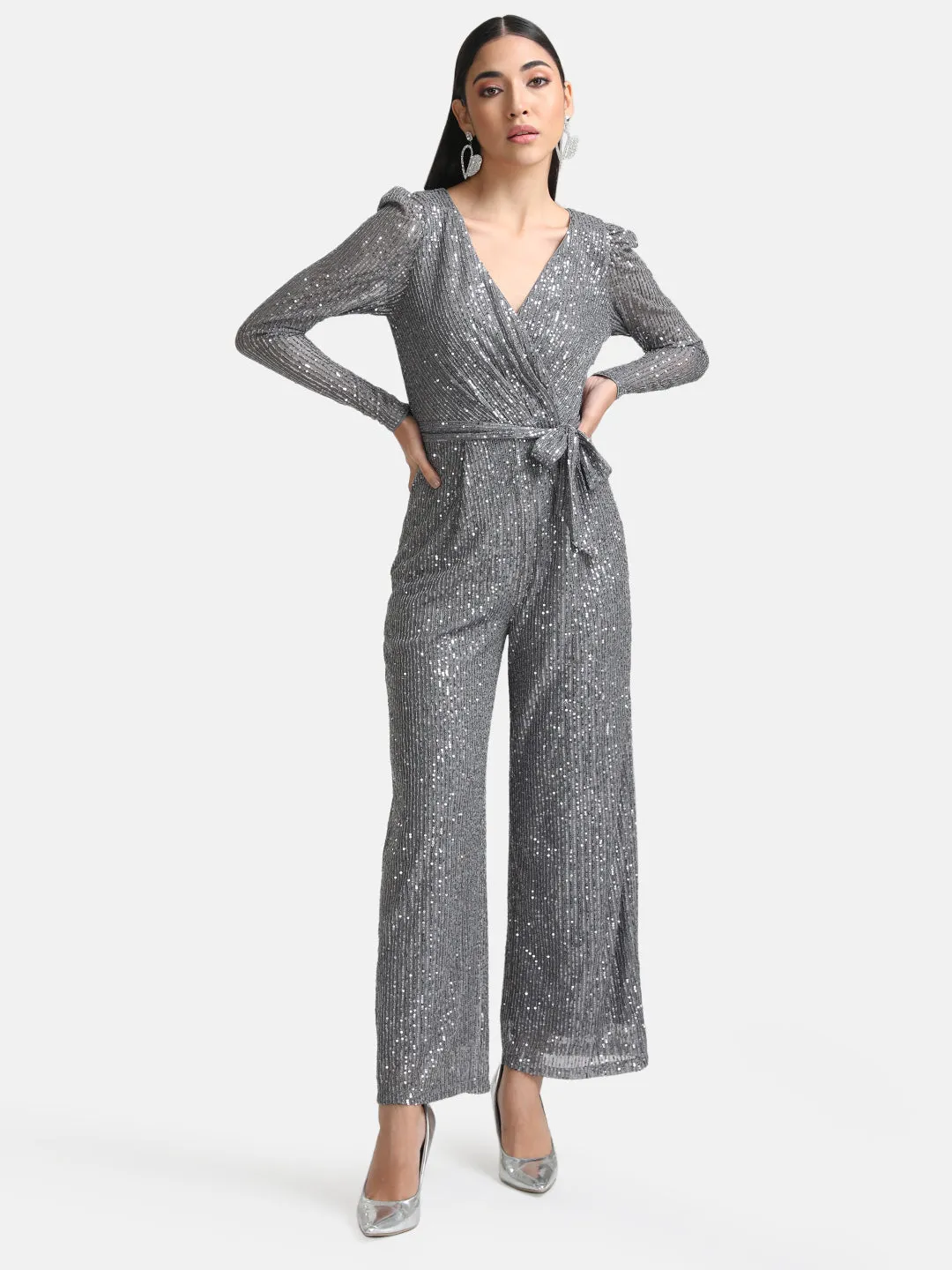 Sequin Wrap Jumpsuit With Belt