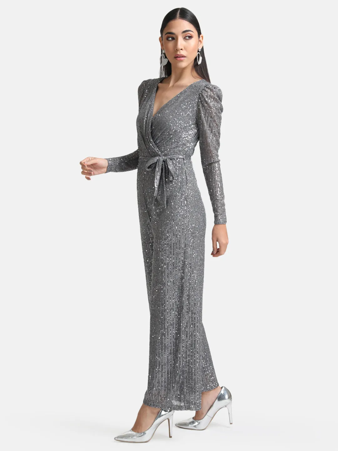 Sequin Wrap Jumpsuit With Belt