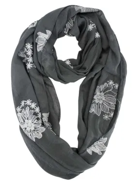 Silky Lightweight Circle Scarf With Floral Embroidery