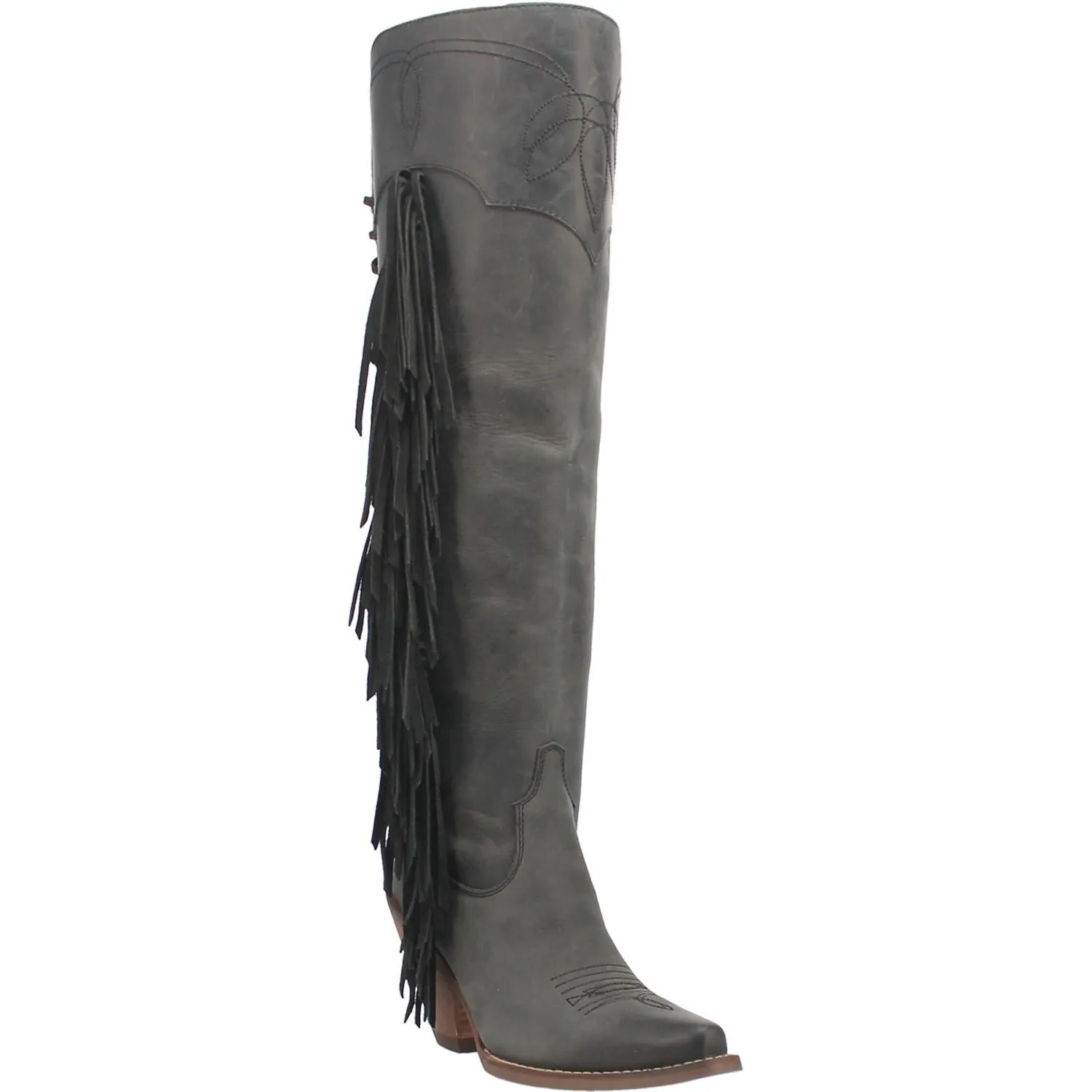 Sky High Black Leather Fringe Knee High Boots (DS)