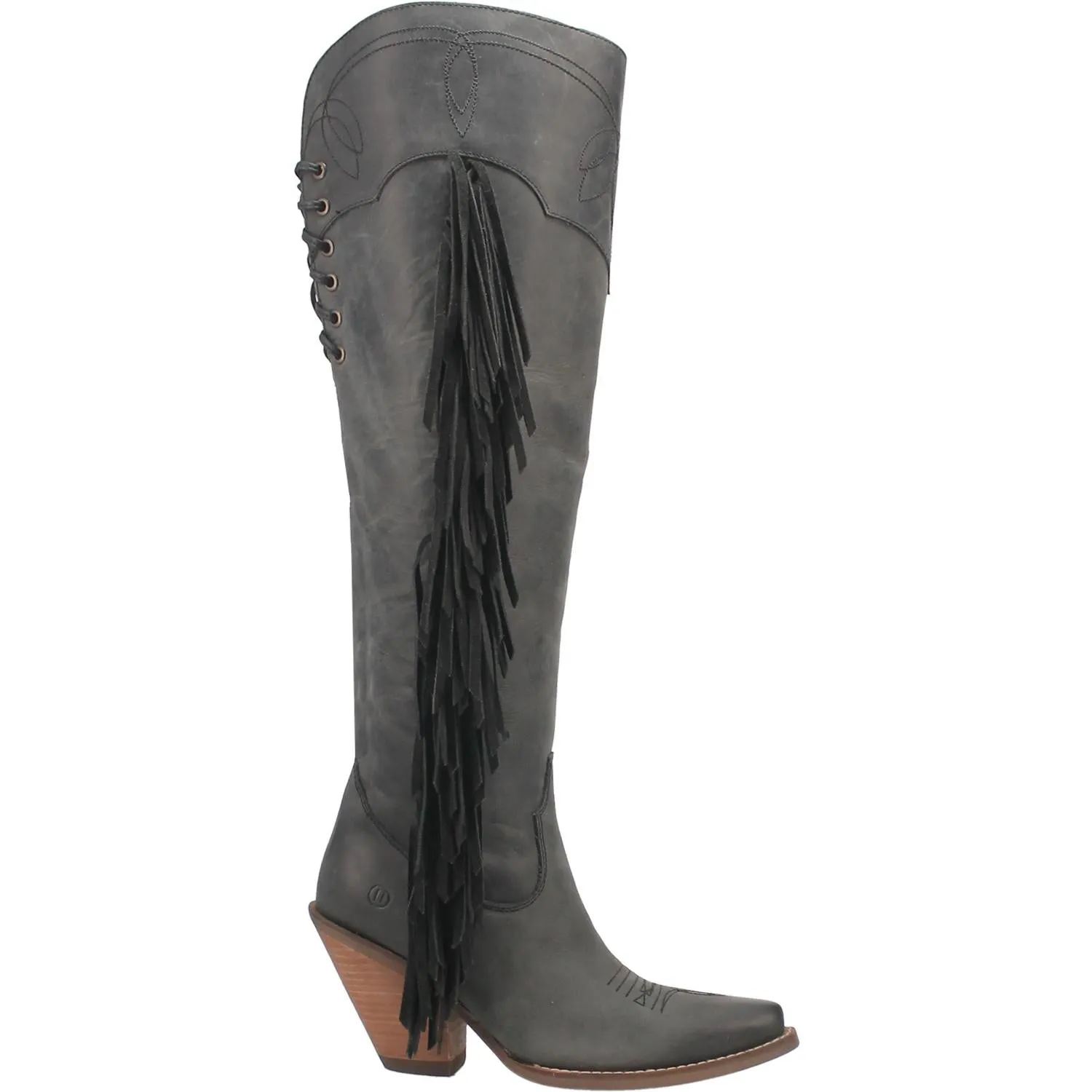 Sky High Black Leather Fringe Knee High Boots (DS)