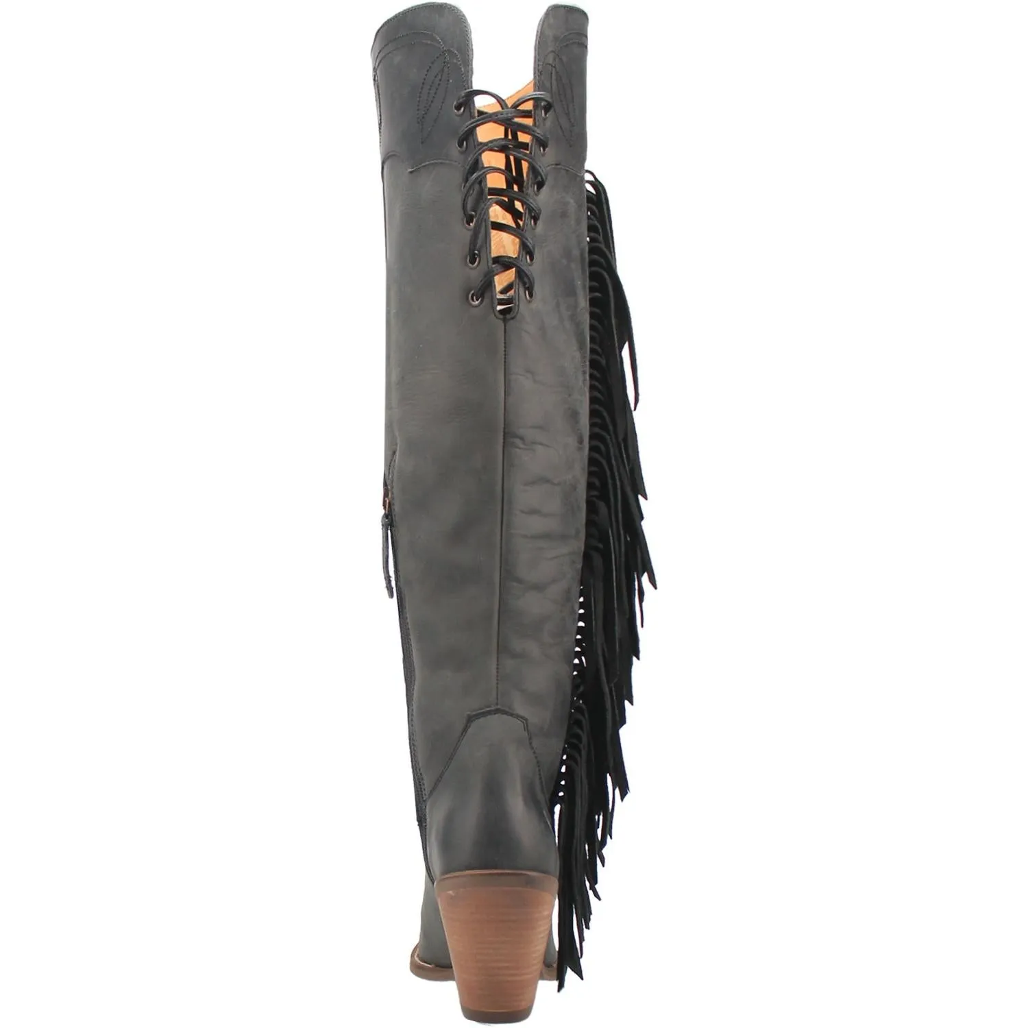 Sky High Black Leather Fringe Knee High Boots (DS)