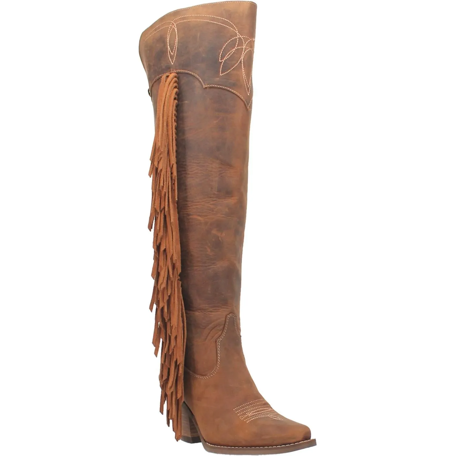 Sky High Brown Leather Fringe Knee High Boots (DS)