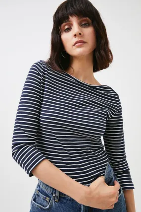 Stripe Cotton Jersey Slash Neck 3/4 Sleeve Top | Karen Millen