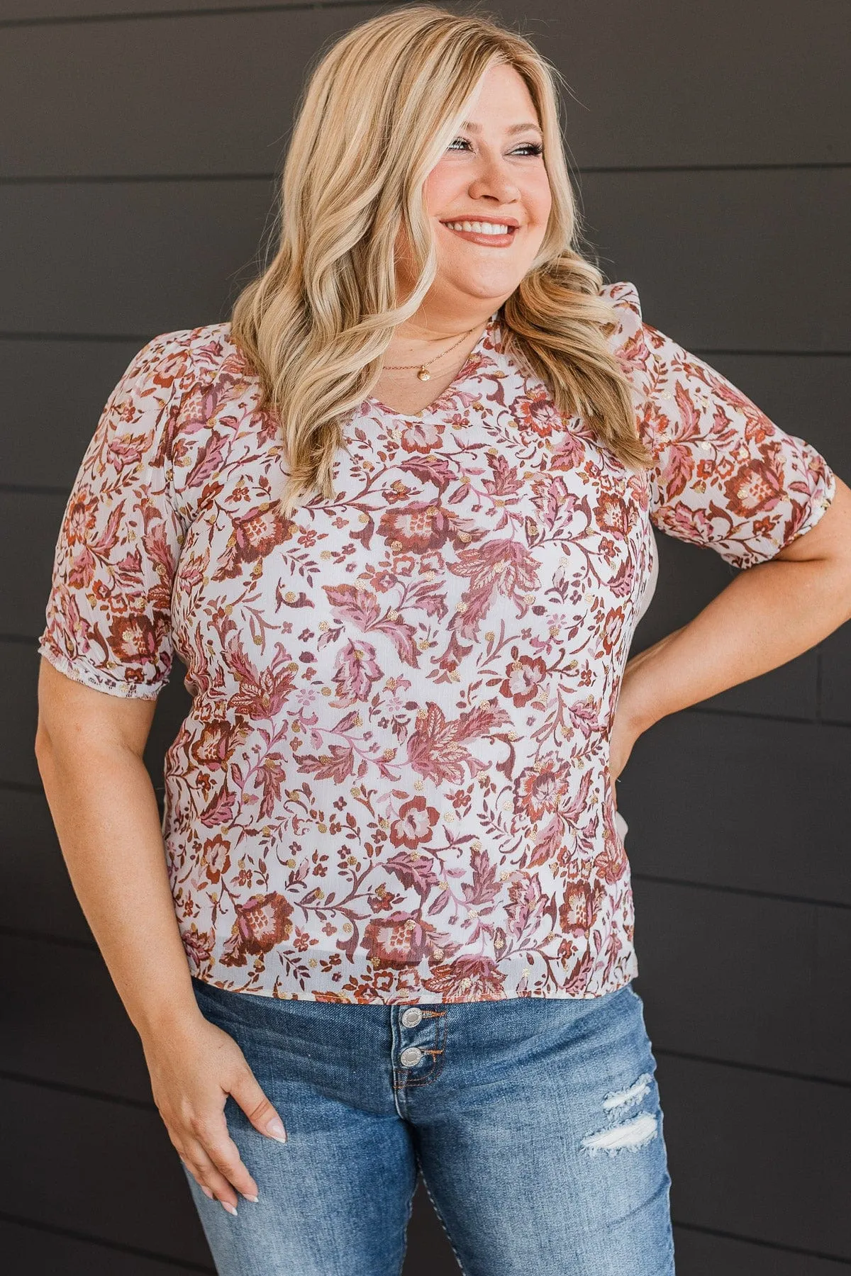 Sweet Connection Floral Top- Ivory, Rust, & Tan