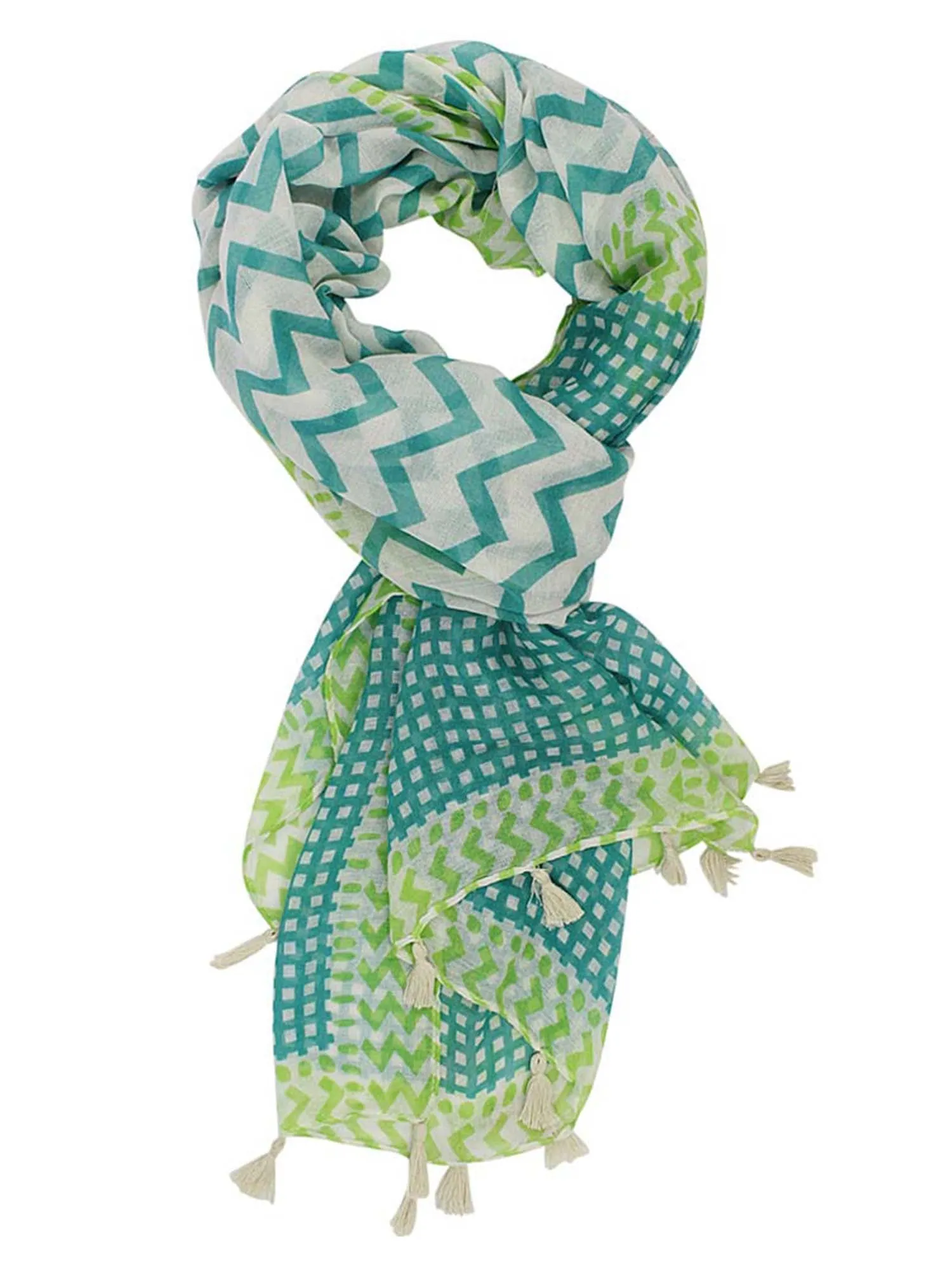 Teal & White Chevron Lightweight Scarf With Tassel Trim