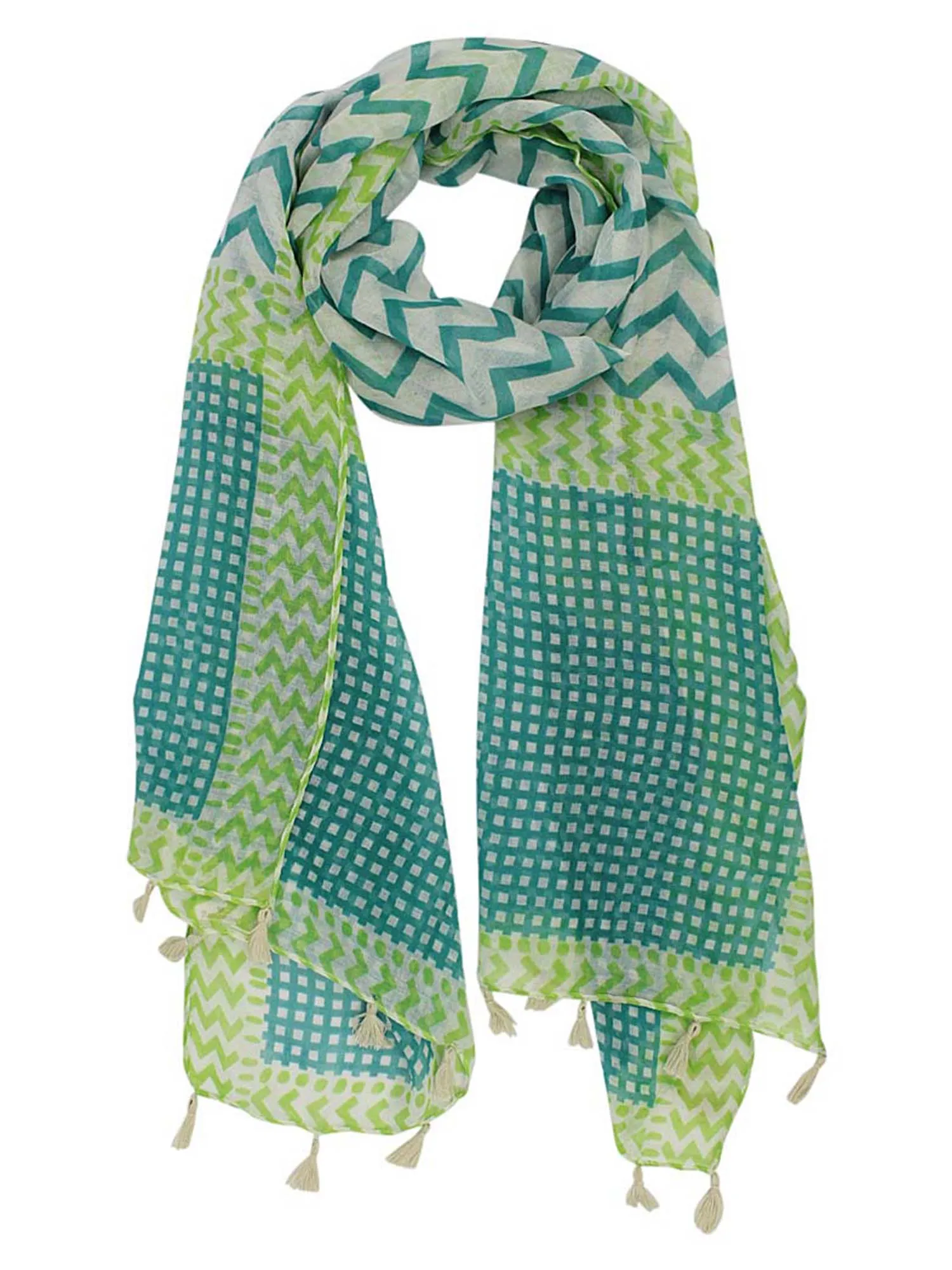 Teal & White Chevron Lightweight Scarf With Tassel Trim