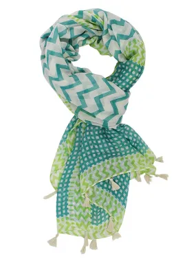 Teal & White Chevron Lightweight Scarf With Tassel Trim