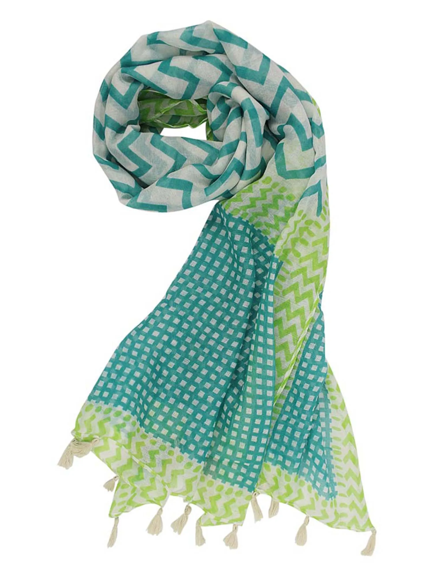 Teal & White Chevron Lightweight Scarf With Tassel Trim