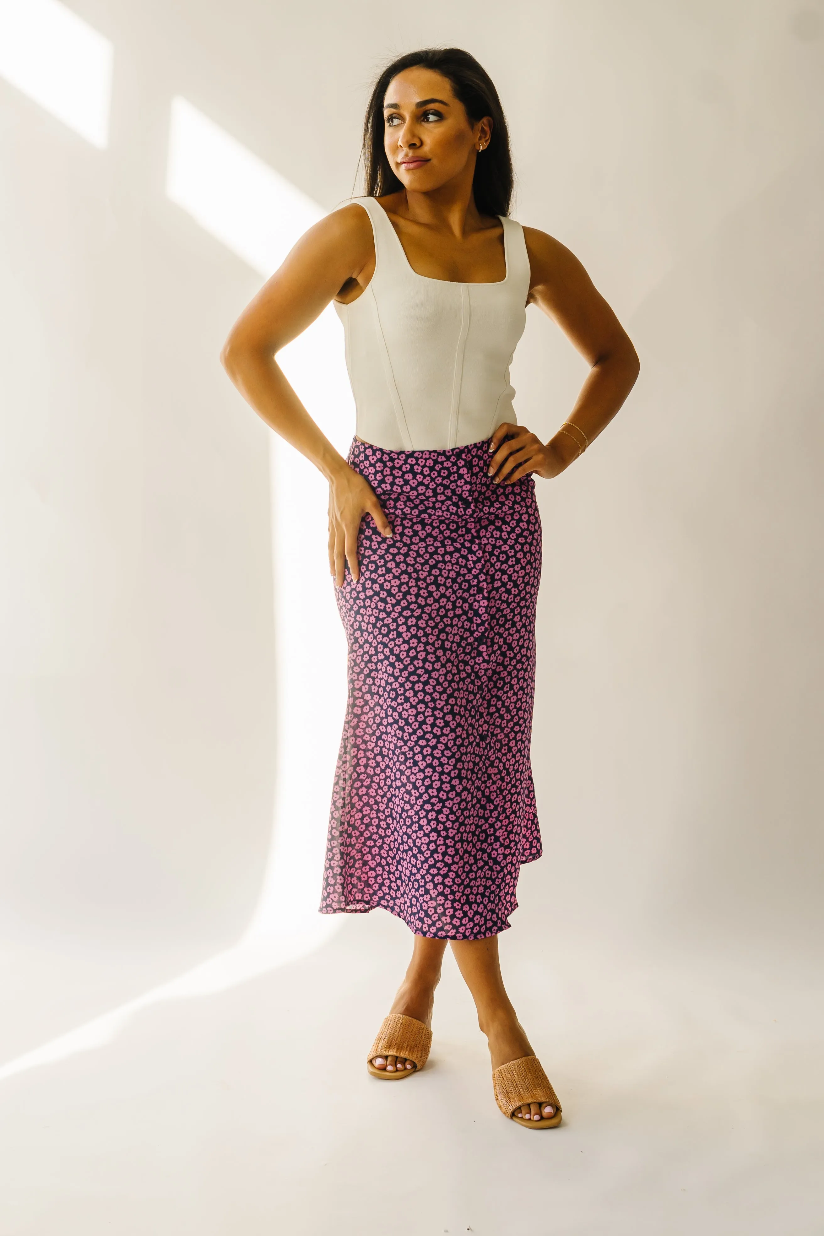 The Ellston Floral Button-Down Maxi Skirt in Navy + Pink