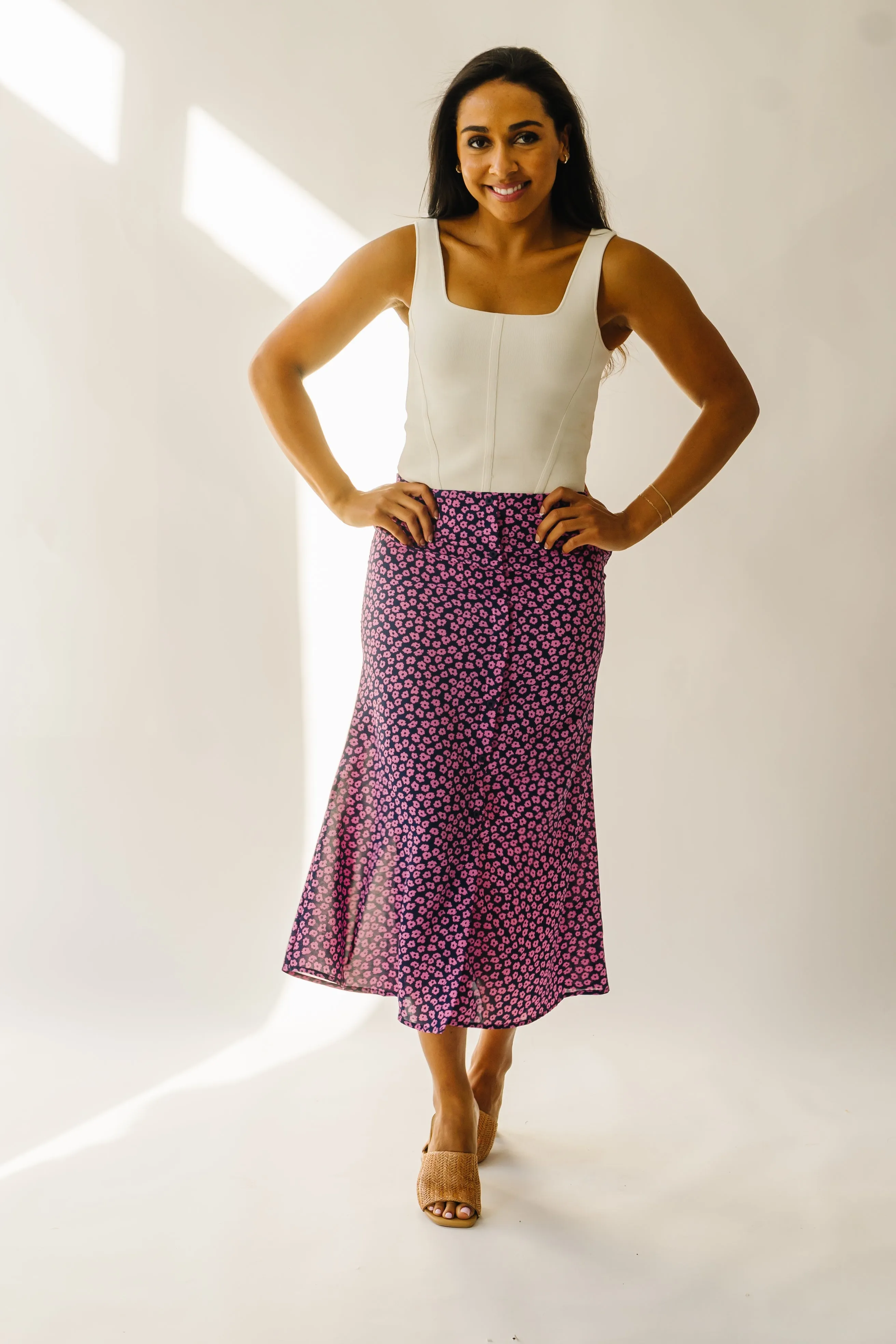 The Ellston Floral Button-Down Maxi Skirt in Navy + Pink