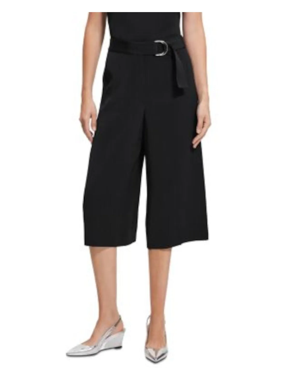 THEORY Womens Black Pocketed Belted Side Zipper Wide Leg Wear To Work Cropped Pants