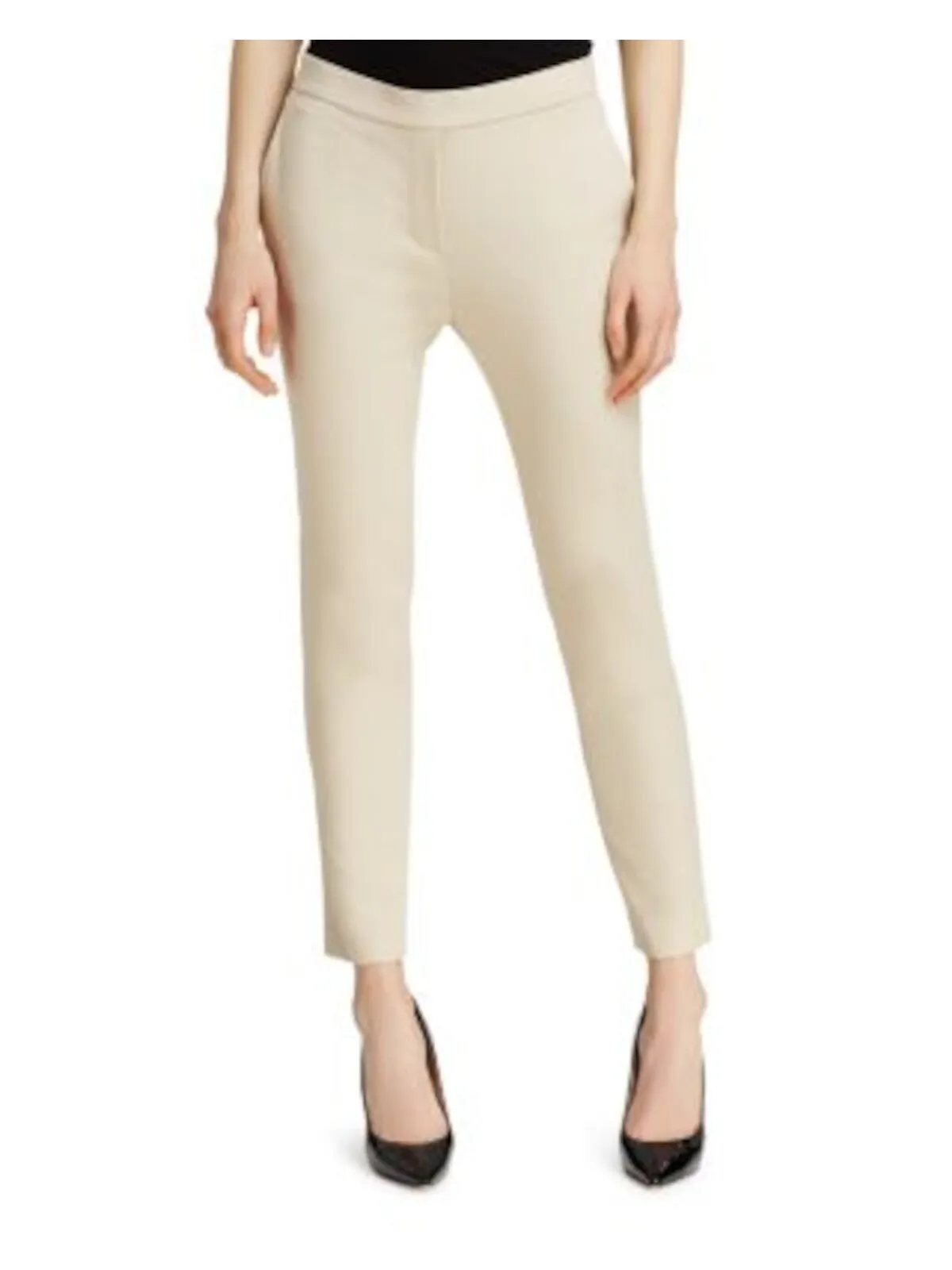 THEORY Womens Ivory Pocketed Faux Fly Elastic Waist Cropped Wear To Work Straight leg Pants