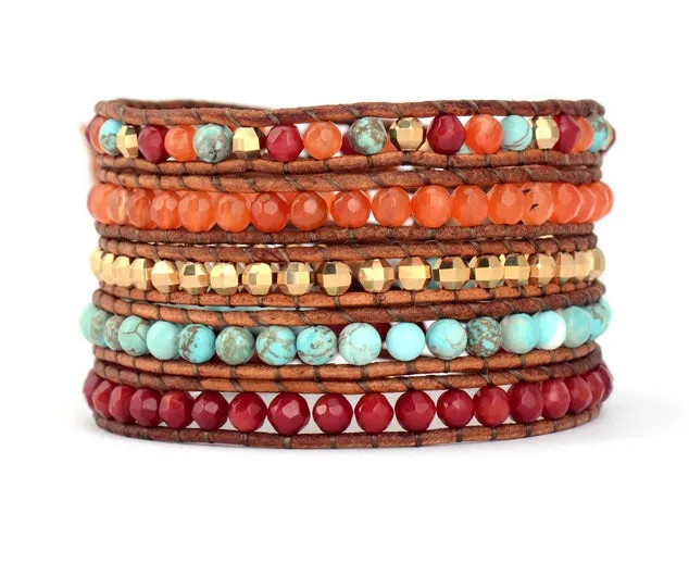 Turquoise Orange Carnelian Mix 5X Wrap Bracelet