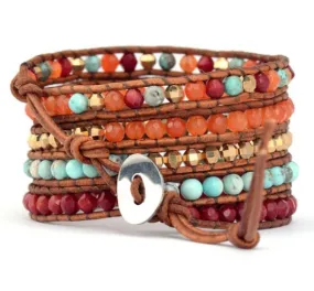 Turquoise Orange Carnelian Mix 5X Wrap Bracelet