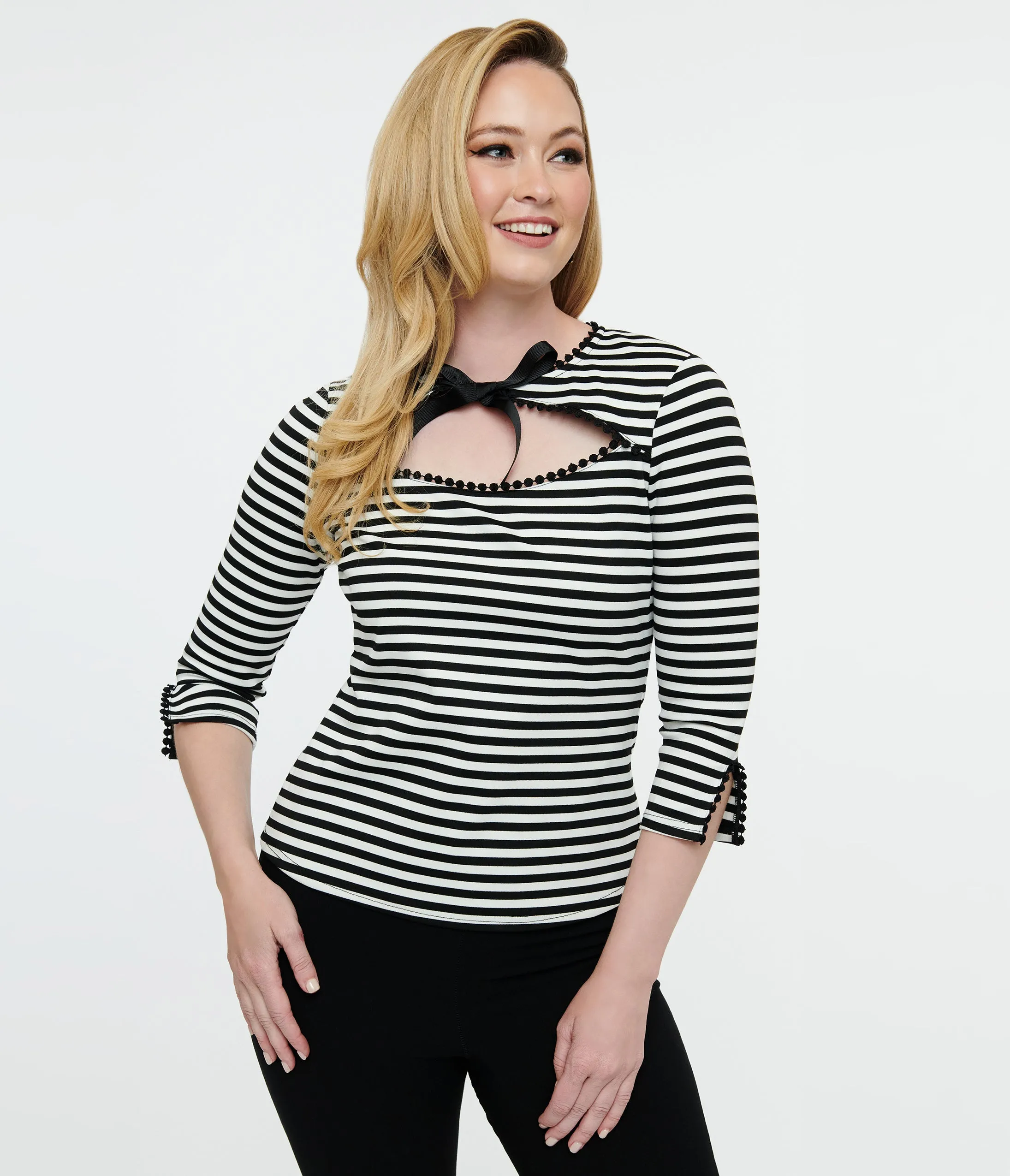 Unique Vintage 1950s Black & White Stripe Cutout Neck Tie Top