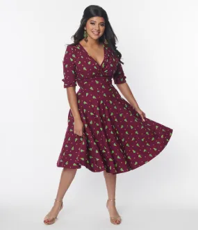 Unique Vintage Burgundy & Christmas Tree Delores Swing Dress