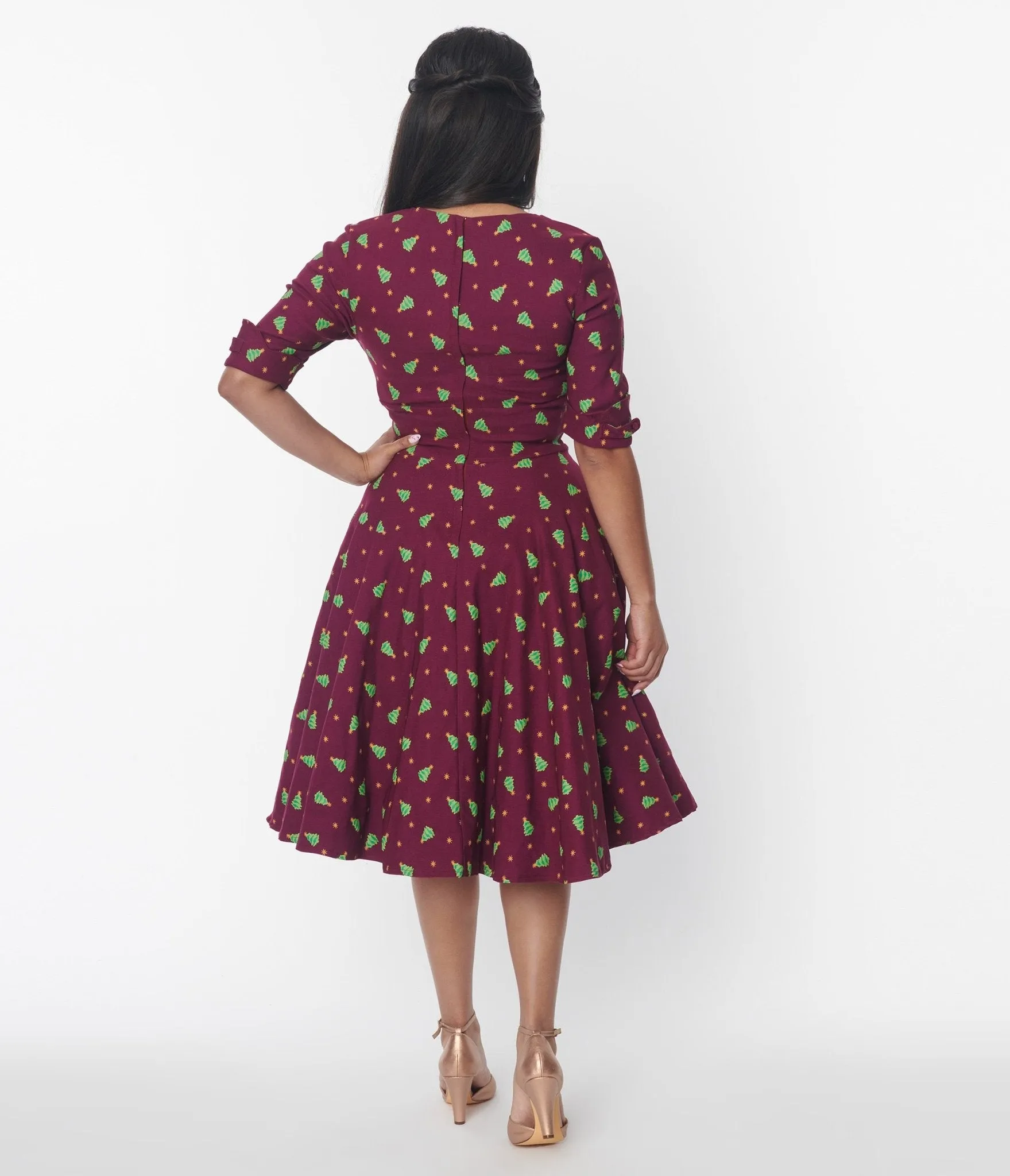 Unique Vintage Burgundy & Christmas Tree Delores Swing Dress