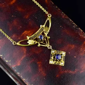 Vintage 10K Gold Blue Sapphire Lavaliere Pendant Necklace