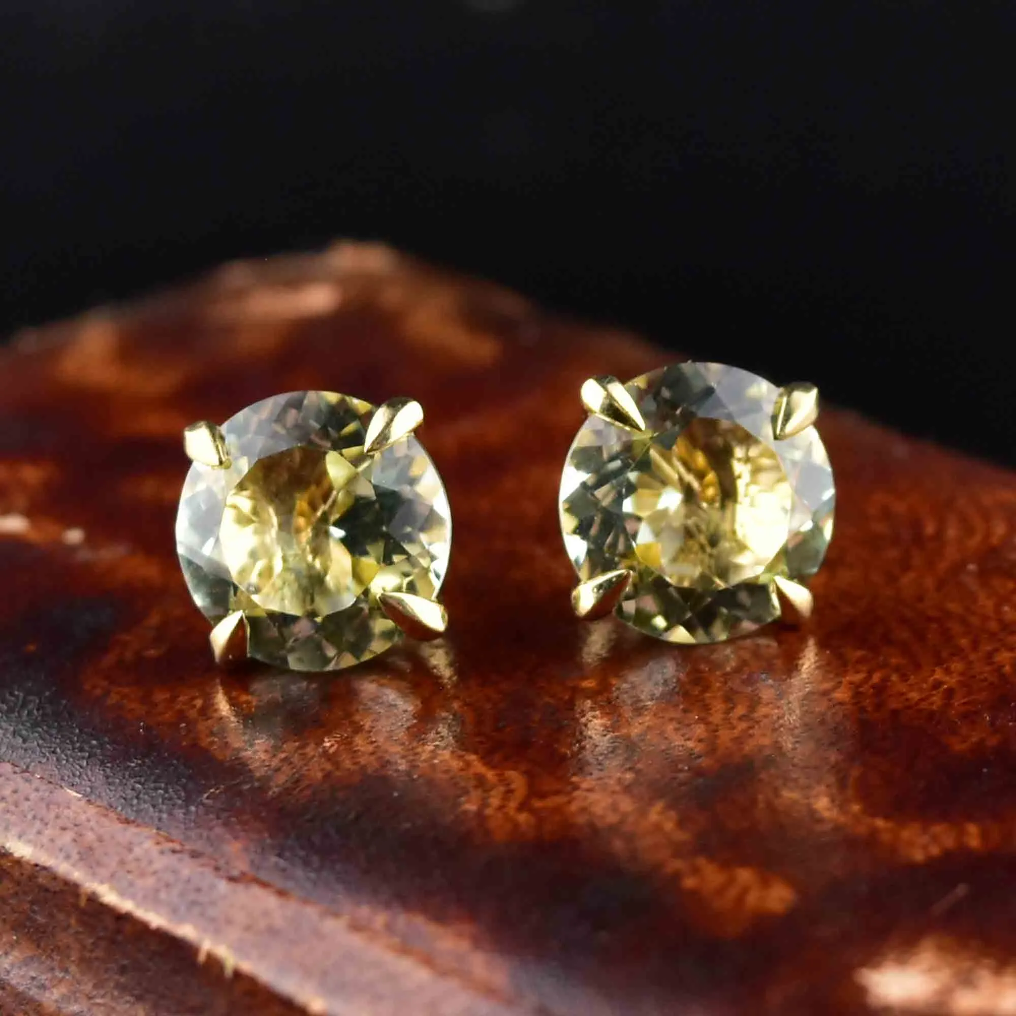 Vintage 14K Gold Green Amethyst Prasiolite Stud Earrings