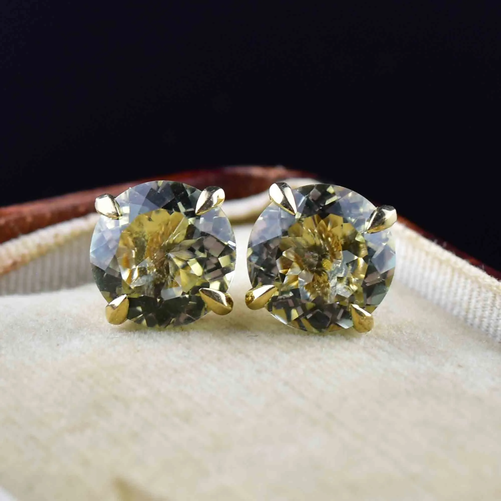 Vintage 14K Gold Green Amethyst Prasiolite Stud Earrings