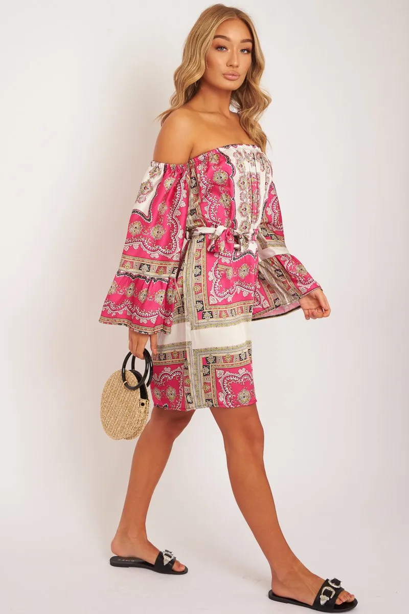 White Pink Bardot Belted Scarf Print Dress - Kessa