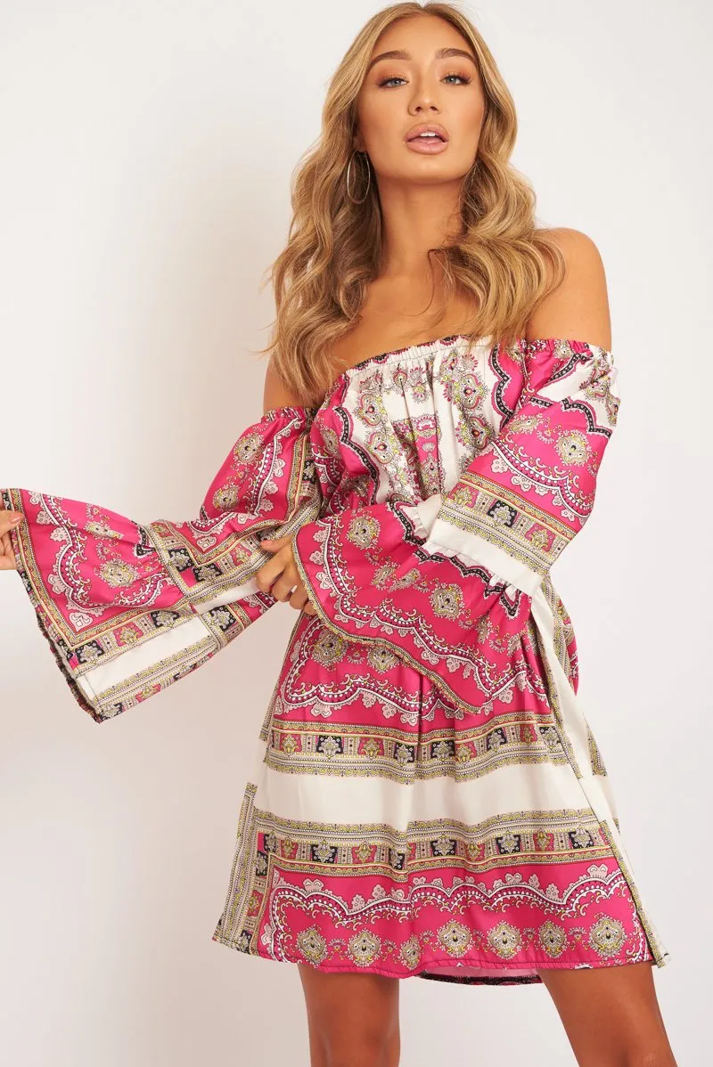 White Pink Bardot Belted Scarf Print Dress - Kessa