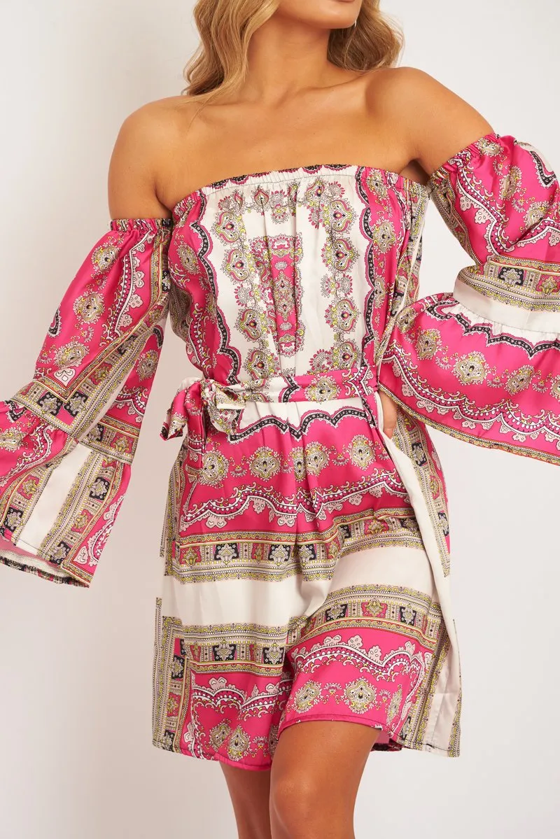 White Pink Bardot Belted Scarf Print Dress - Kessa