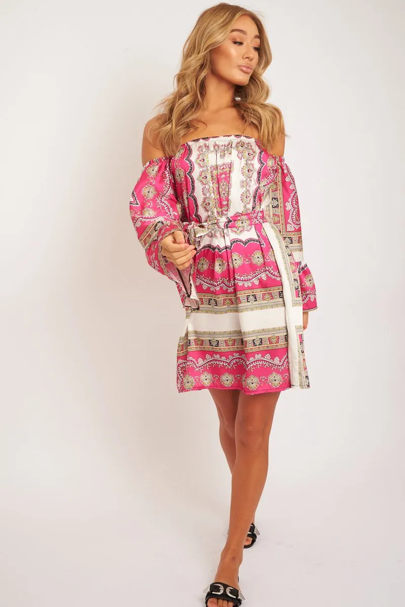 White Pink Bardot Belted Scarf Print Dress - Kessa