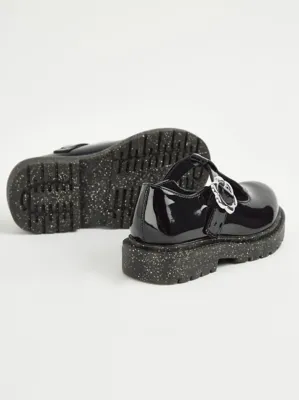 Wide Fit Black Flower T-Bar Glitter Sole School Shoes | School | George at ASDA