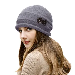 Winter Wool Hats With Crystal Buttons Warm Bonnet Women Skullies Cap