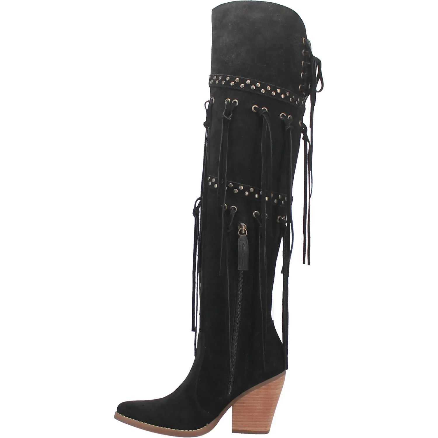 Witchy Woman Black Leather Fringe Boots (DS)