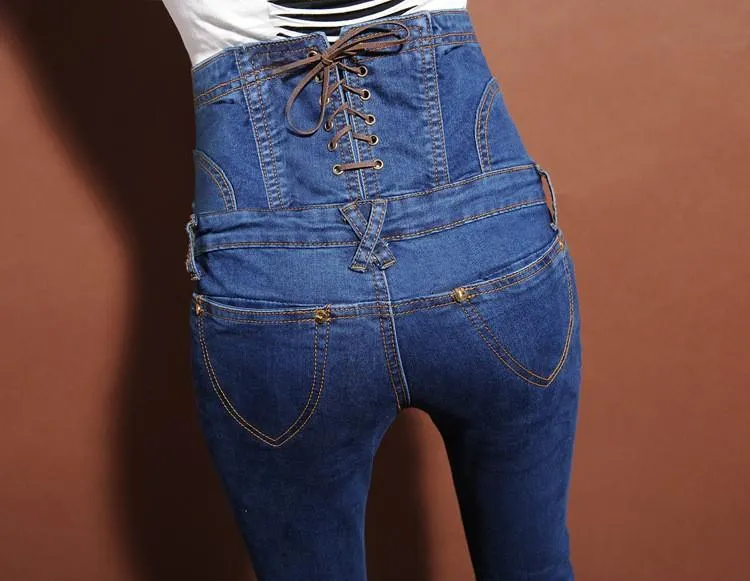 Women's High Waist Spliced Sashes Lace-Up Button Skinny Jeans