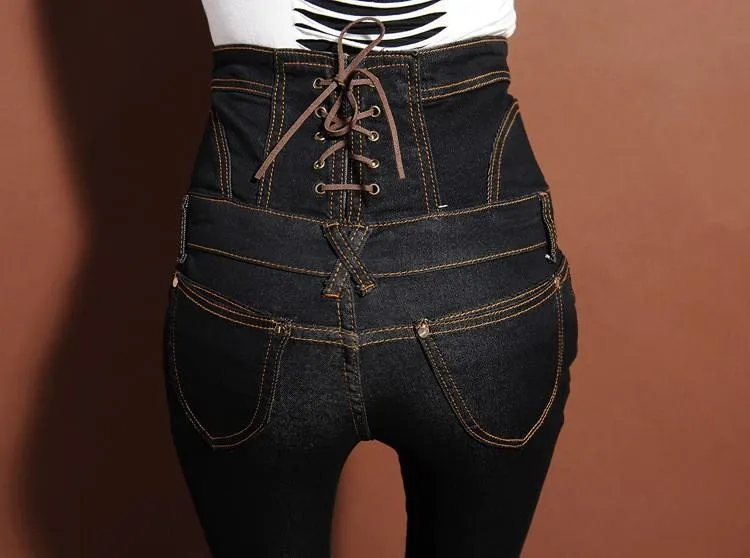 Women's High Waist Spliced Sashes Lace-Up Button Skinny Jeans