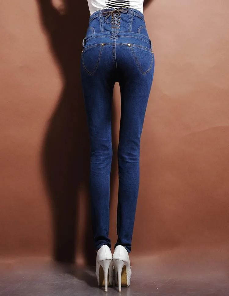 Women's High Waist Spliced Sashes Lace-Up Button Skinny Jeans