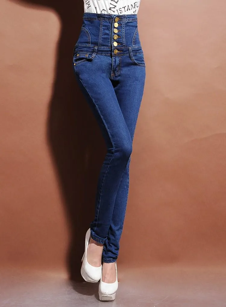 Women's High Waist Spliced Sashes Lace-Up Button Skinny Jeans