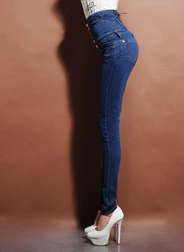 Women's High Waist Spliced Sashes Lace-Up Button Skinny Jeans