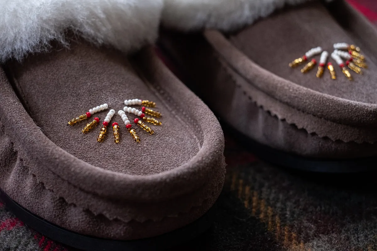 Women's Smoke Beaded Rubber Sole Sheepskin Slippers