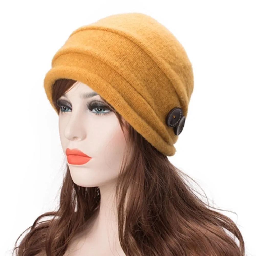 Women's Winter Cap Beanie Wool Yellow Hats With Crystal Button