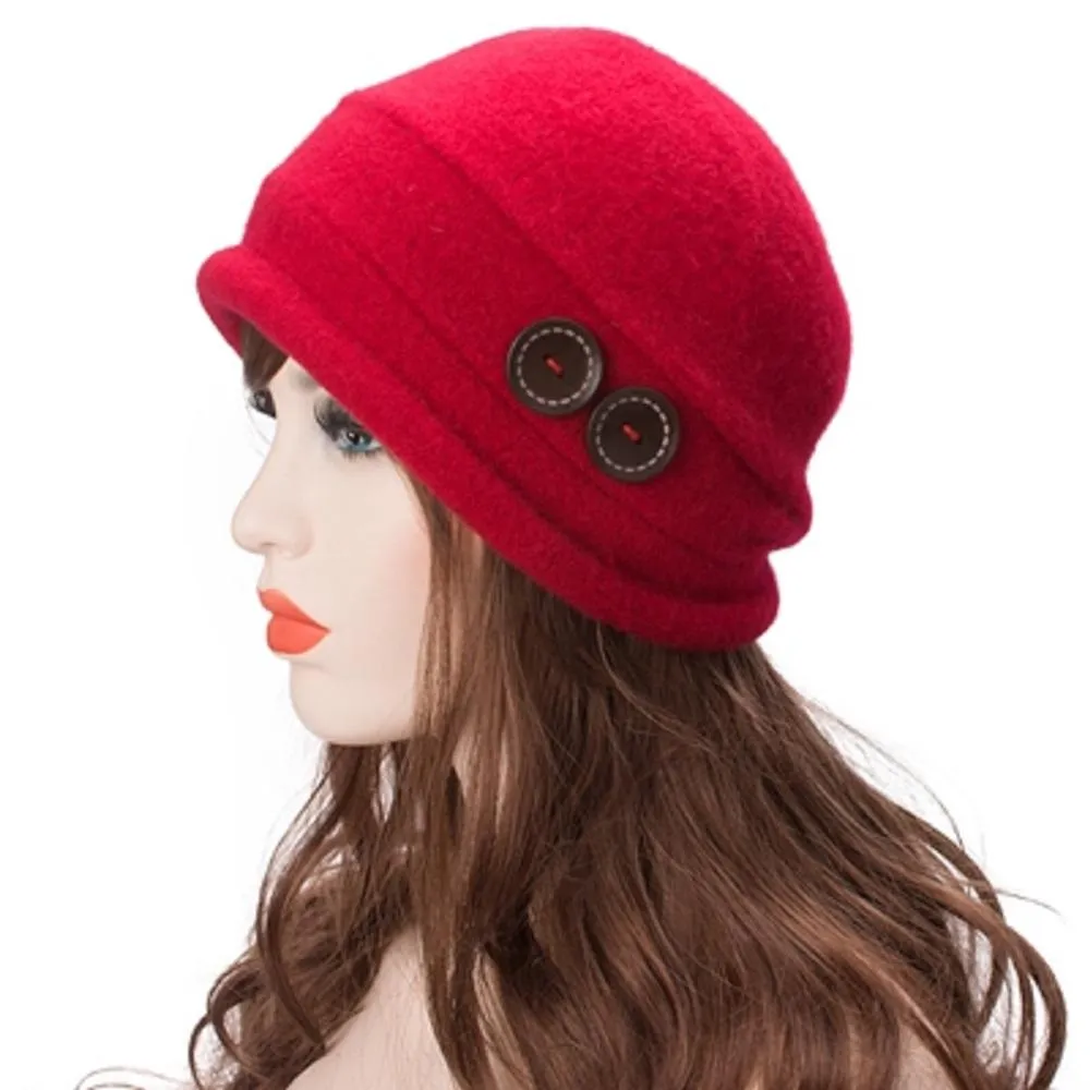 Women's Winter Wool Red Fashionable Hats With Crystal Buttons