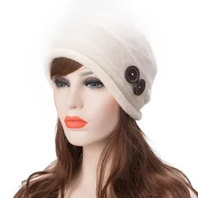 Women's Wool Winter White Hats With Crystal Buttons