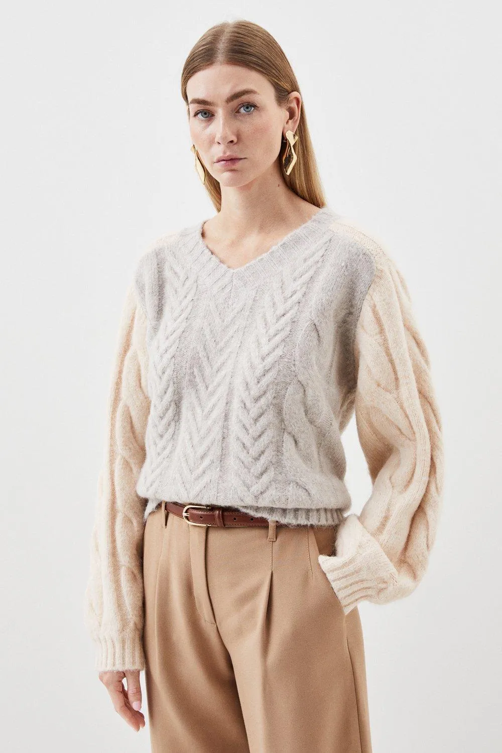 Wool Blend Cosy Cable Colour Blocked Knit Jumper | Karen Millen