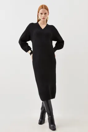 Wool Blend Cosy V Neck Knit Midi Dress | Karen Millen