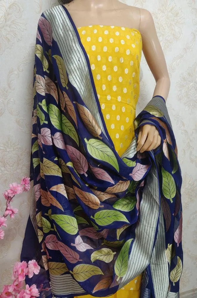 Yellow Handloom Banarasi Pure Georgette Three Piece Unstitched Suit Set With Brush Dye Dupatta