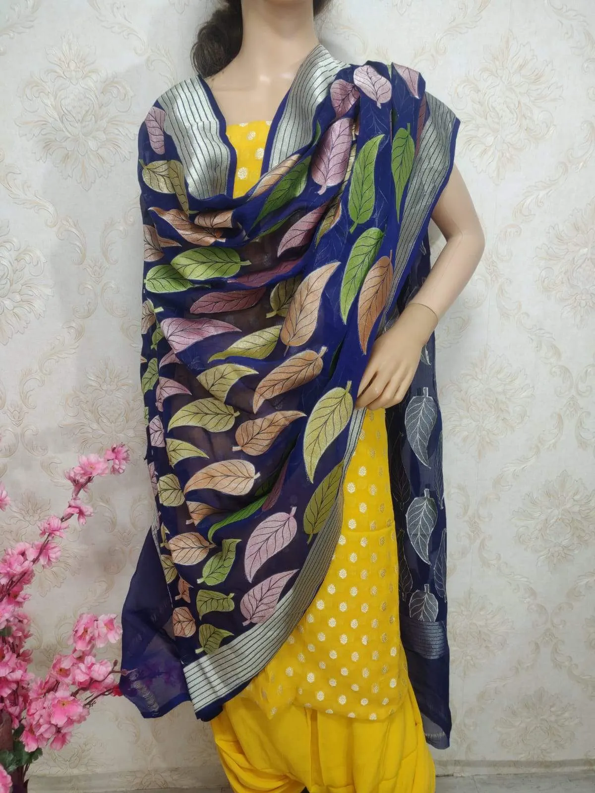 Yellow Handloom Banarasi Pure Georgette Three Piece Unstitched Suit Set With Brush Dye Dupatta